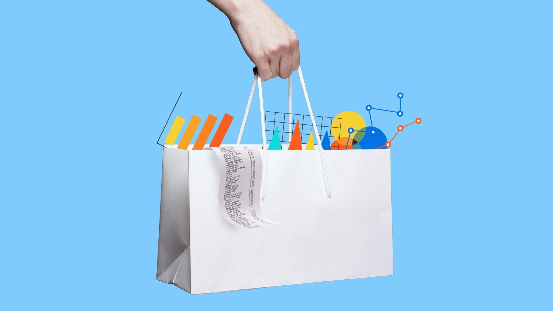 A hand holds a shopping bag filled with data charts and a receipt.