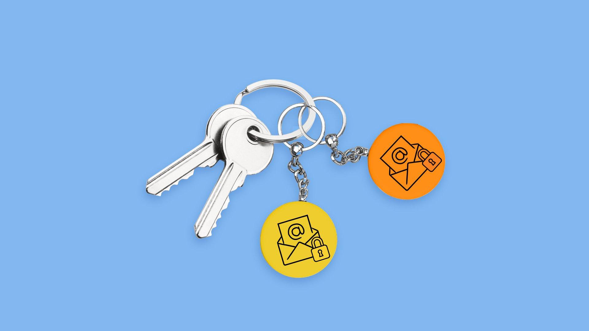 A picture of a set of keys with two email icons as keychains.