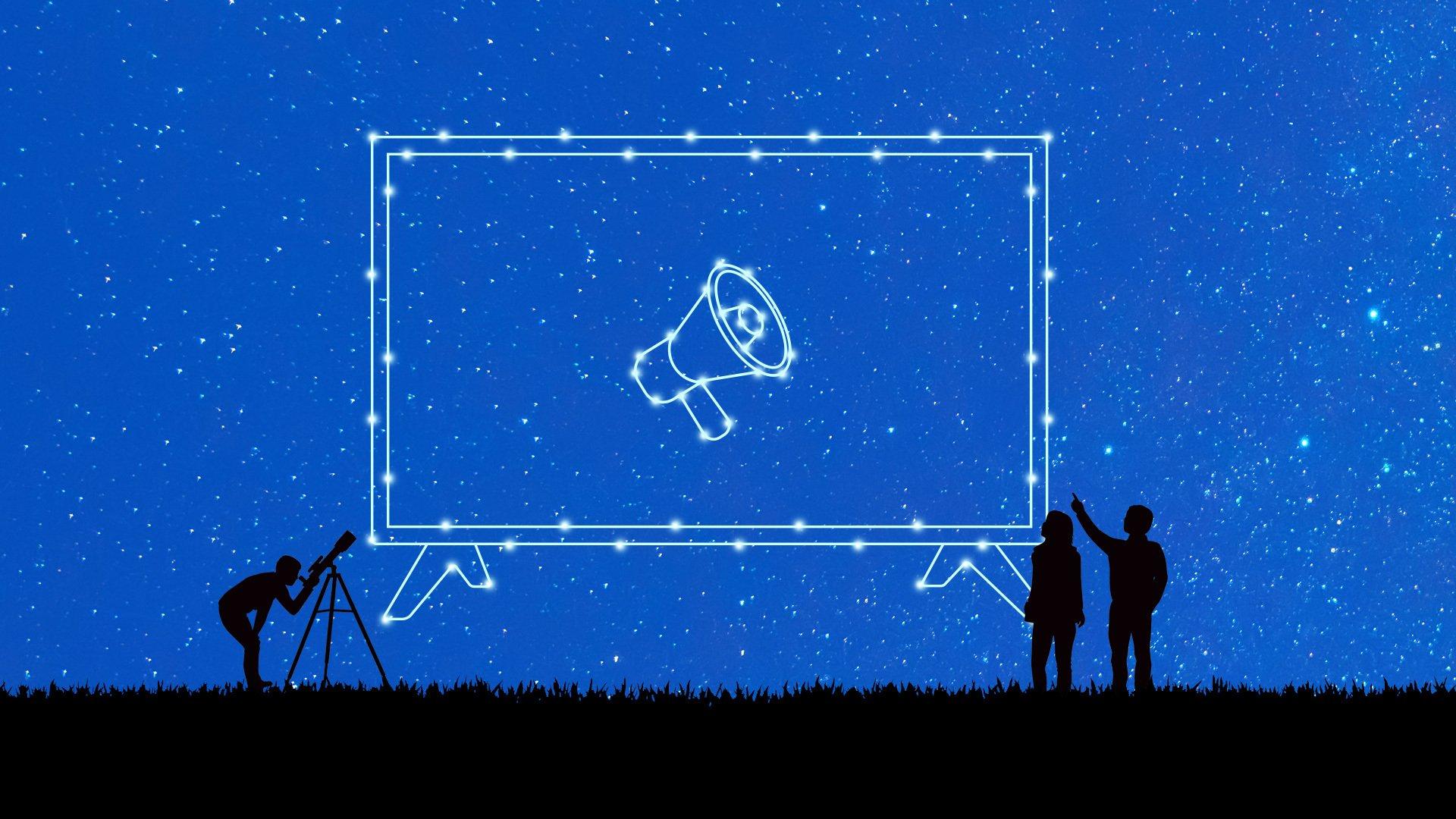 A large tv with a megaphone on the screen appears in the night sky while three bystanders observe