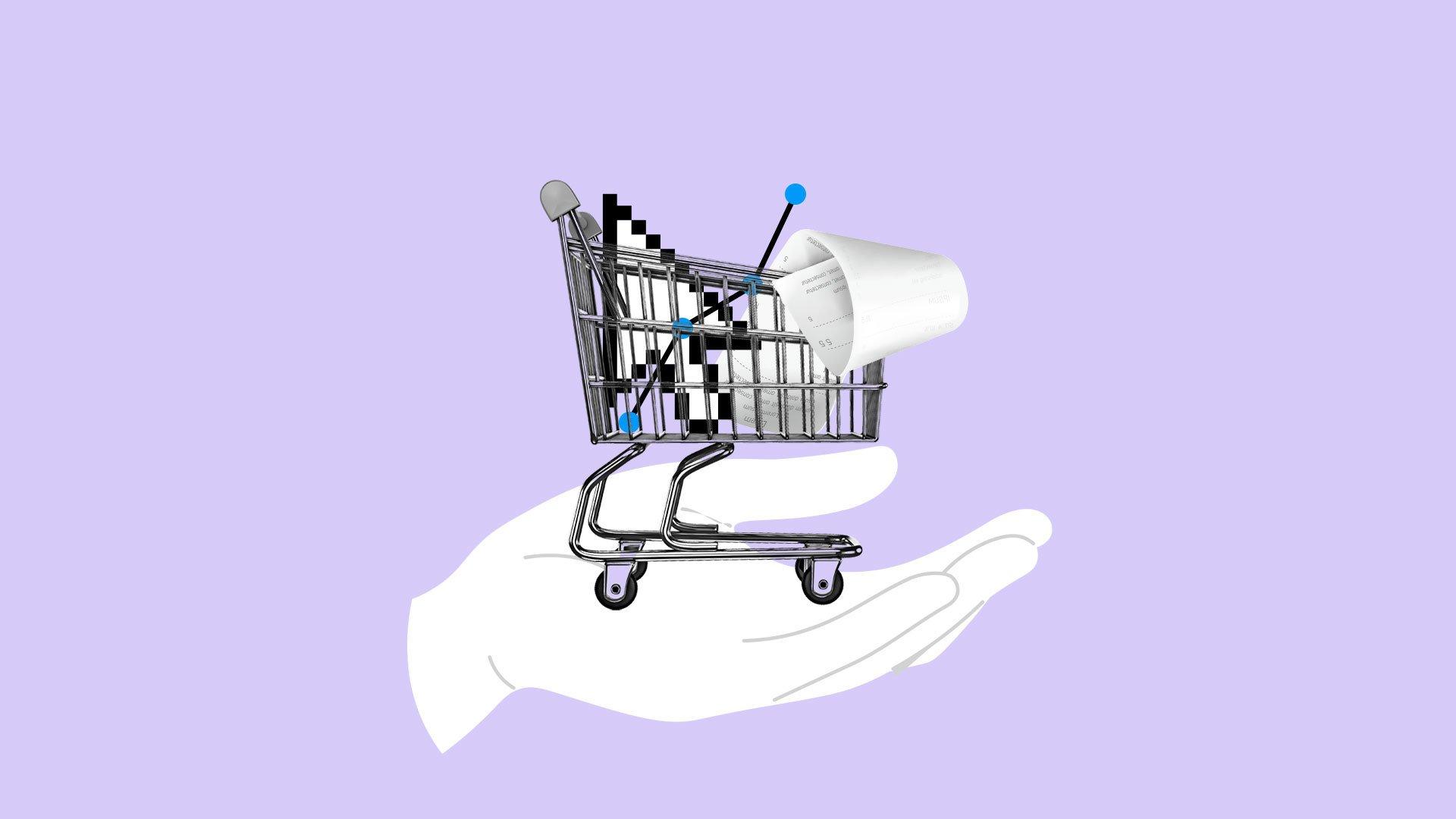 Illustration of a hand holding a shopping cart with a cursor inside of it