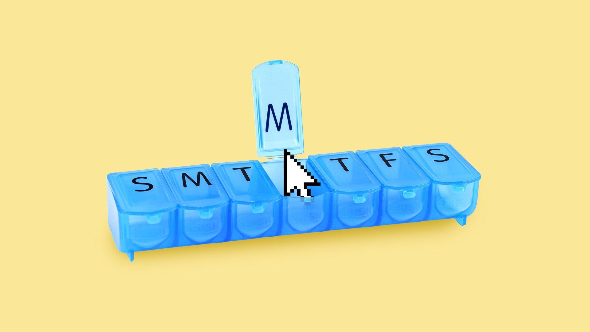 Graphic of a daily pill sorter with a computer mouse going inside the Wednesday container