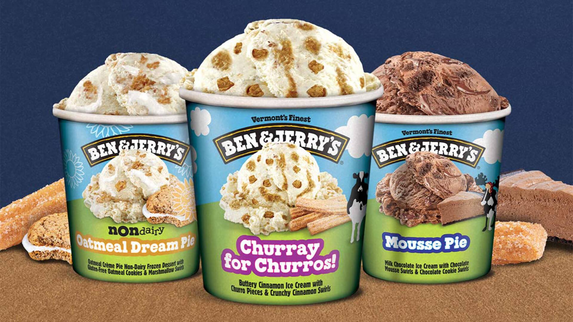 Image of three tubs of Ben and Jerrys ice cream