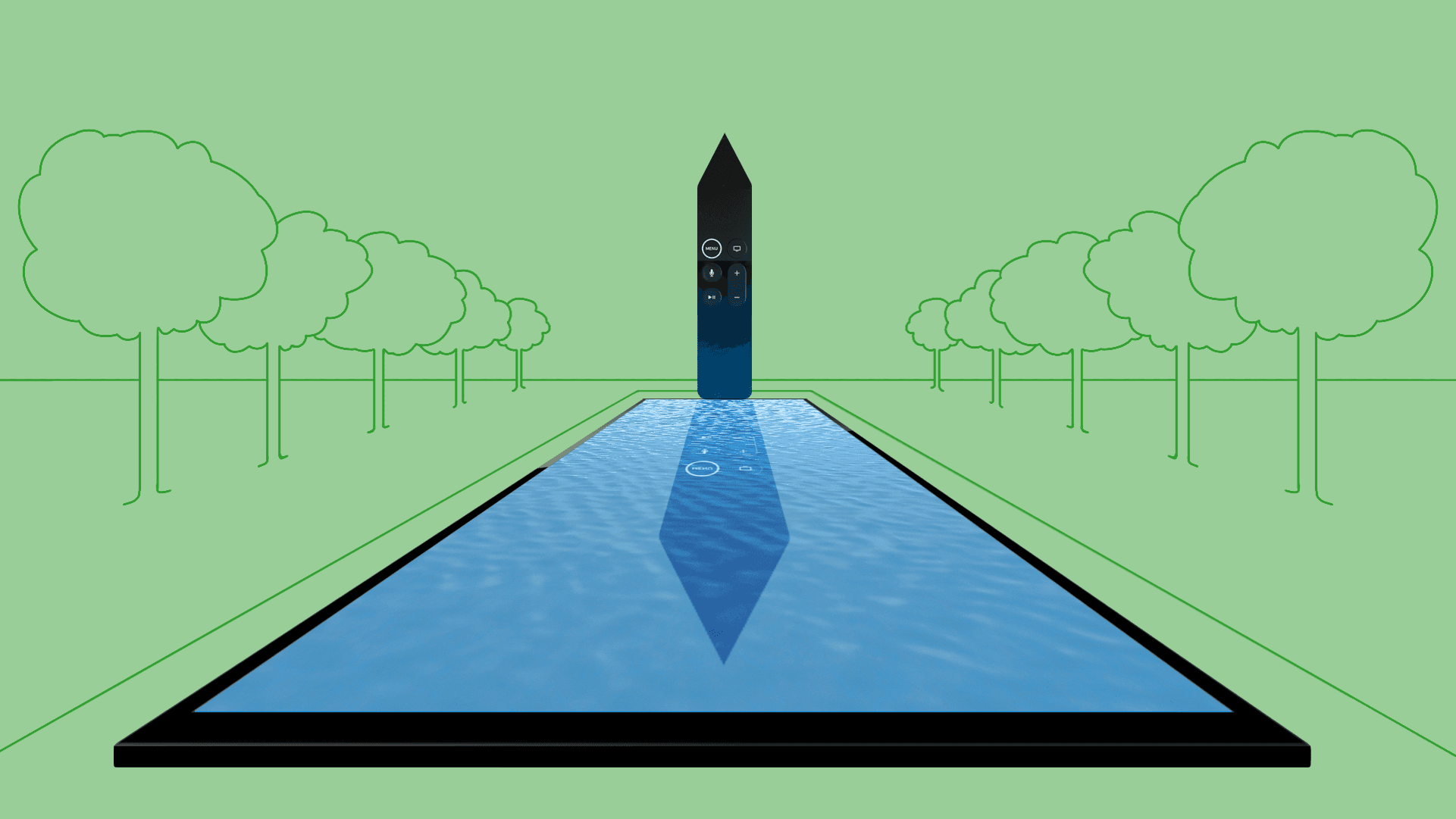 A tv remote, shaped like an obelisk, stands in front of a body of water where it's reflection is mirrored.