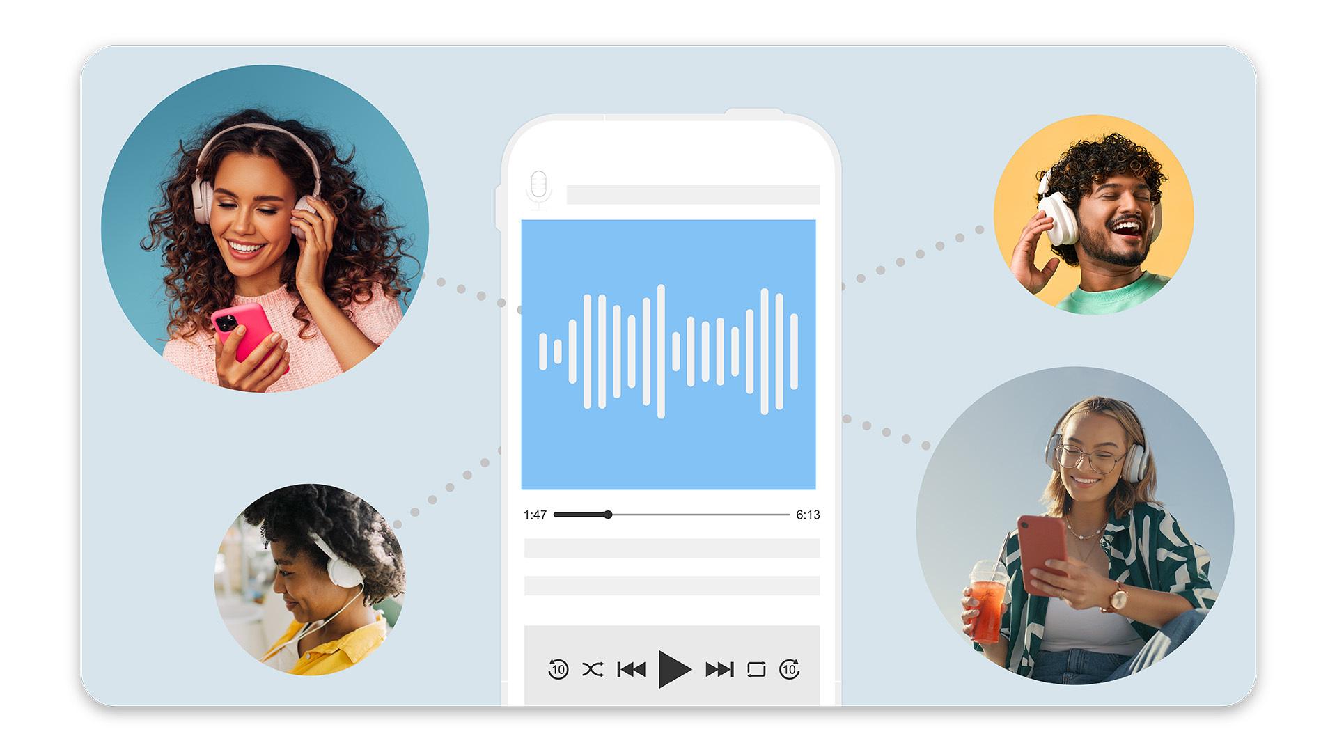 Four bubbles showing individuals listening to music surround a cellphone showing sound waves