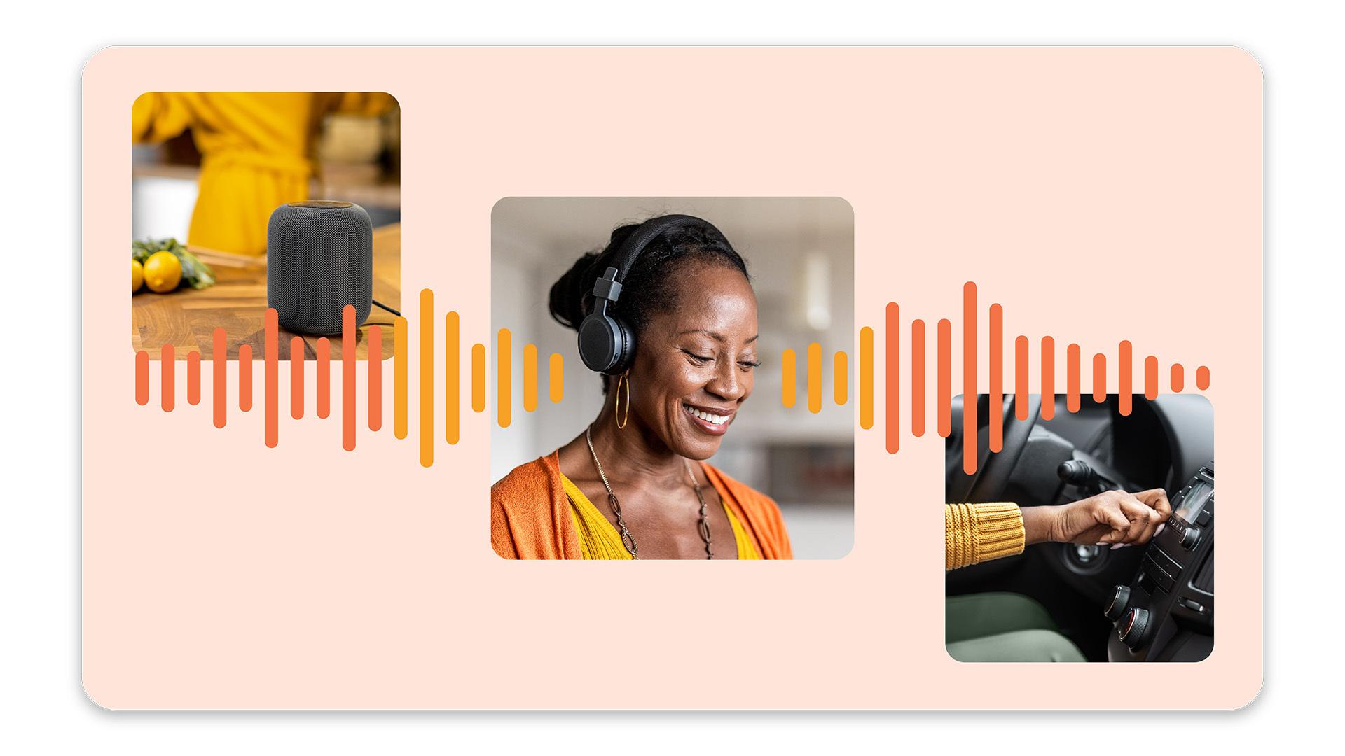A sound wave overlays a collage showing a speaker, headphone and a radio dial