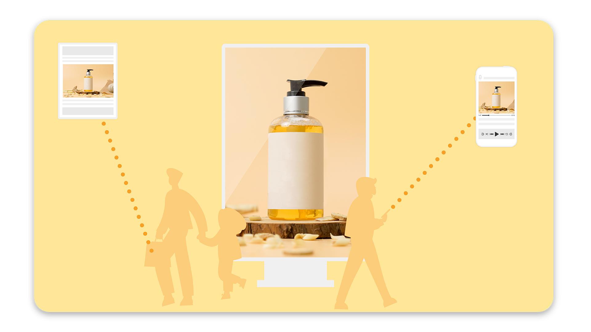 A bus stop billboard showcasing a bottle of soap sits between two icons also showing the soap while individuals walk by