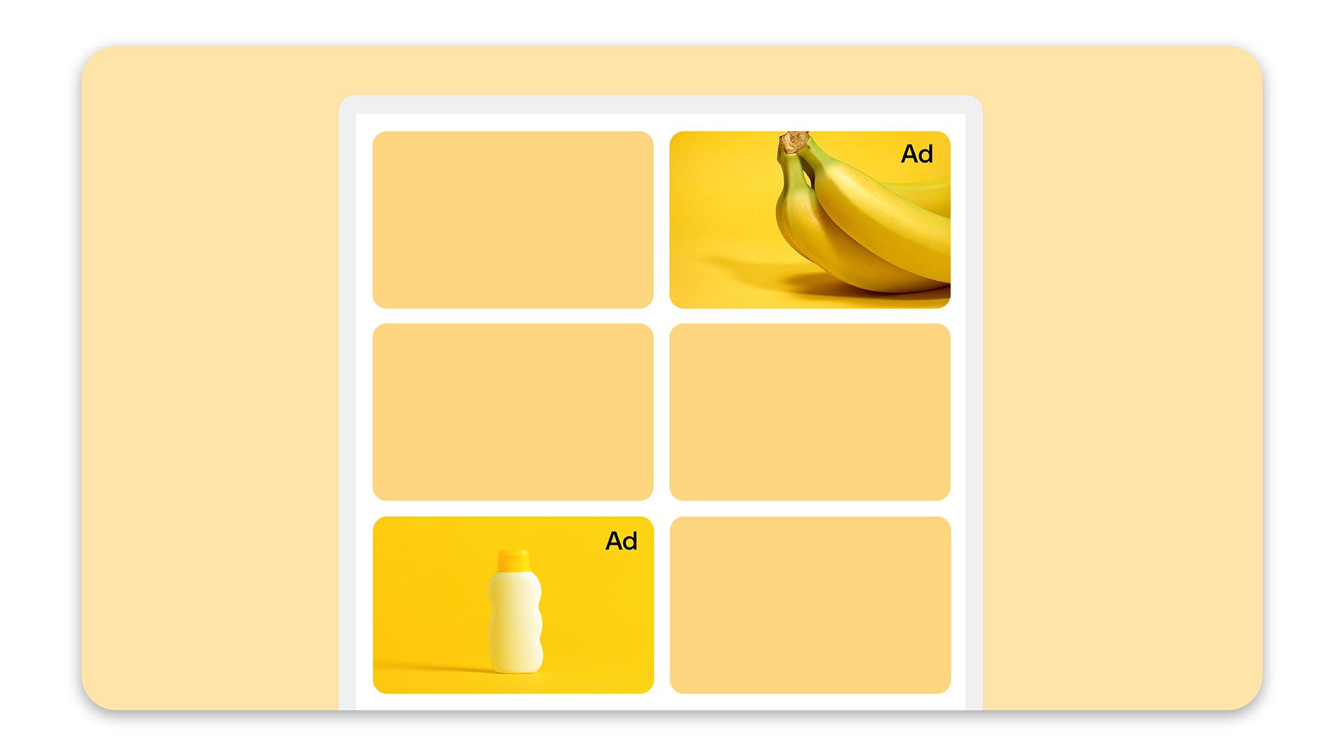 Image grid shows a body of lotion in the lower right corner and a bunch of bananas in the top right corner, each printed with the word "Ad"