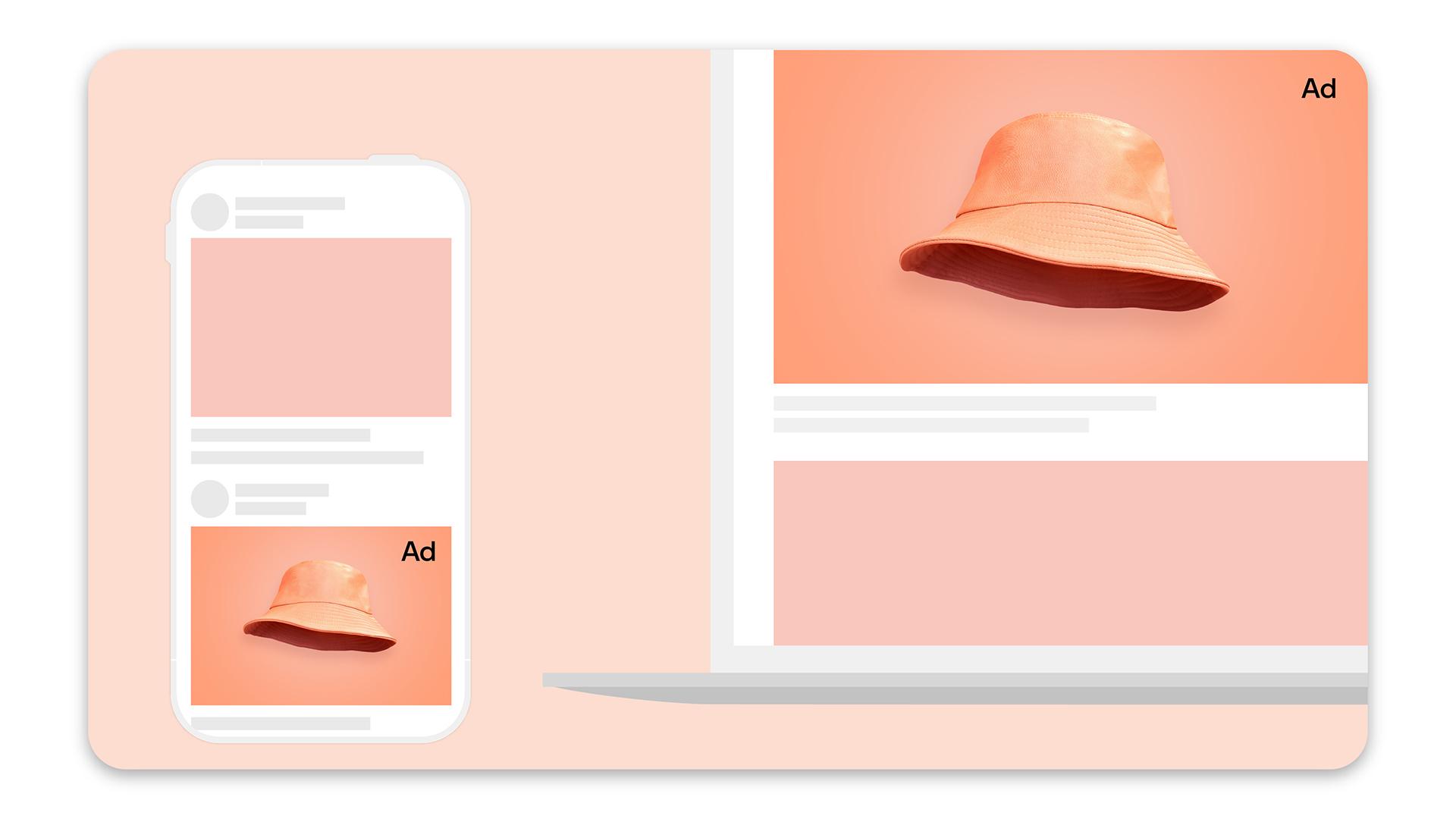 A phone and laptop screens display an ad for a hat