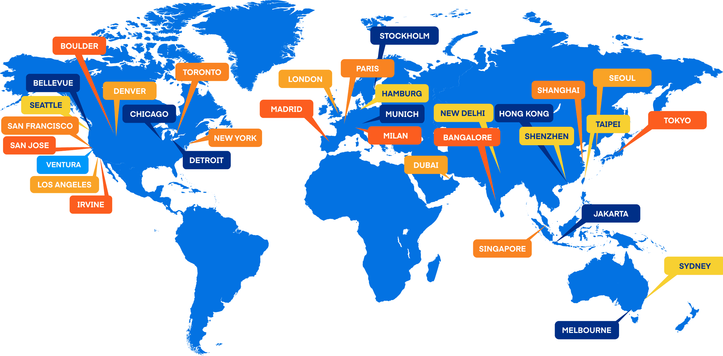 Blue map of all The Trade Desk offices around the world