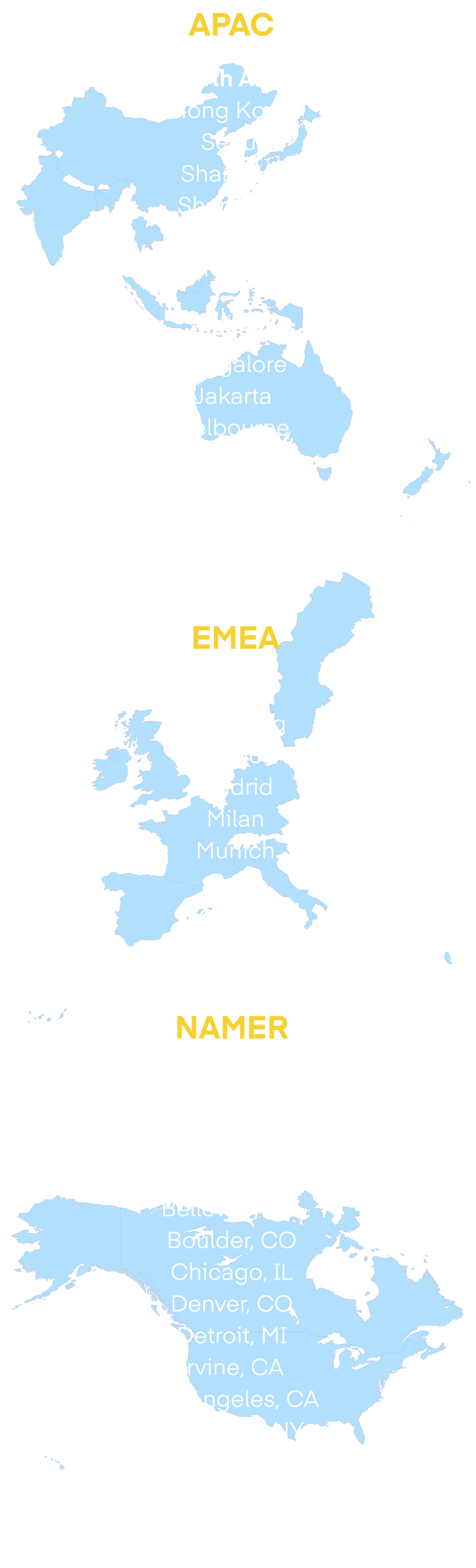 Blue map of all The Trade Desk offices around the world