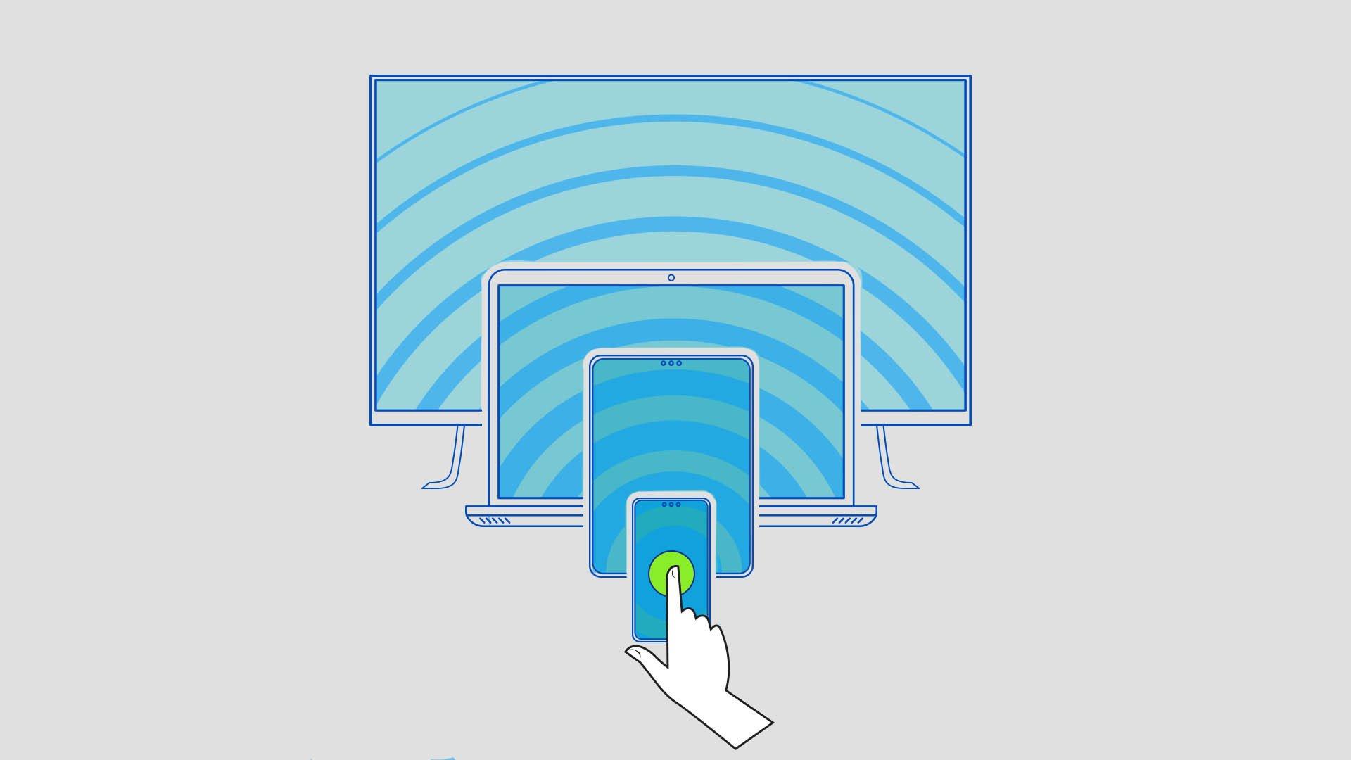 Illustration shows devices lined up behind each other in the order of phone, tablet, laptop and TV,  while a hand taps a green circle on the phone.