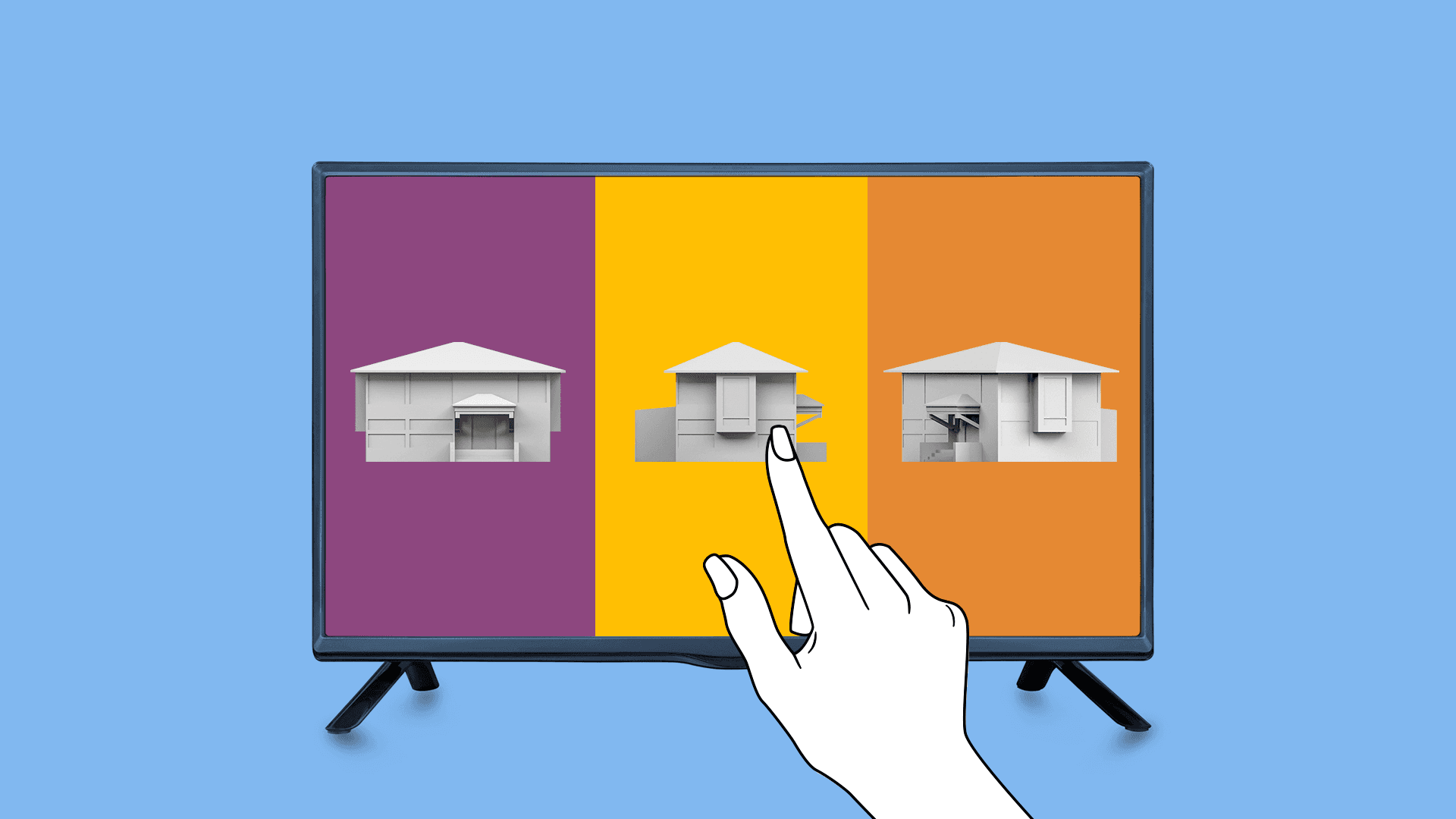 A small tv screen shows three 3d house designs while a hand taps the second design.