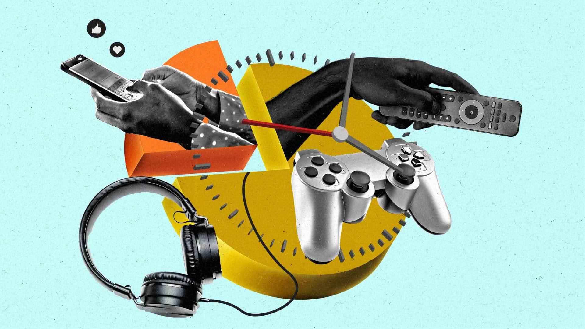 Clock face with headphones, video game controller, hand with remote and hand holding a phone.