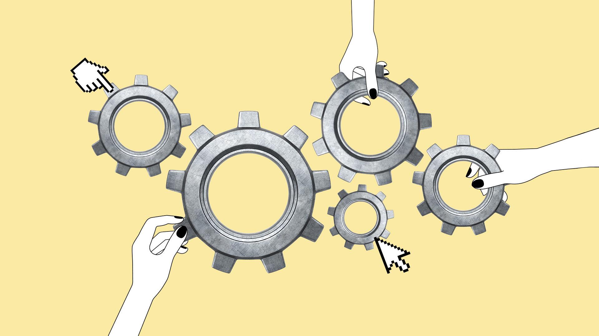 Illustration shows several gears being held by hands or tapped by cursors