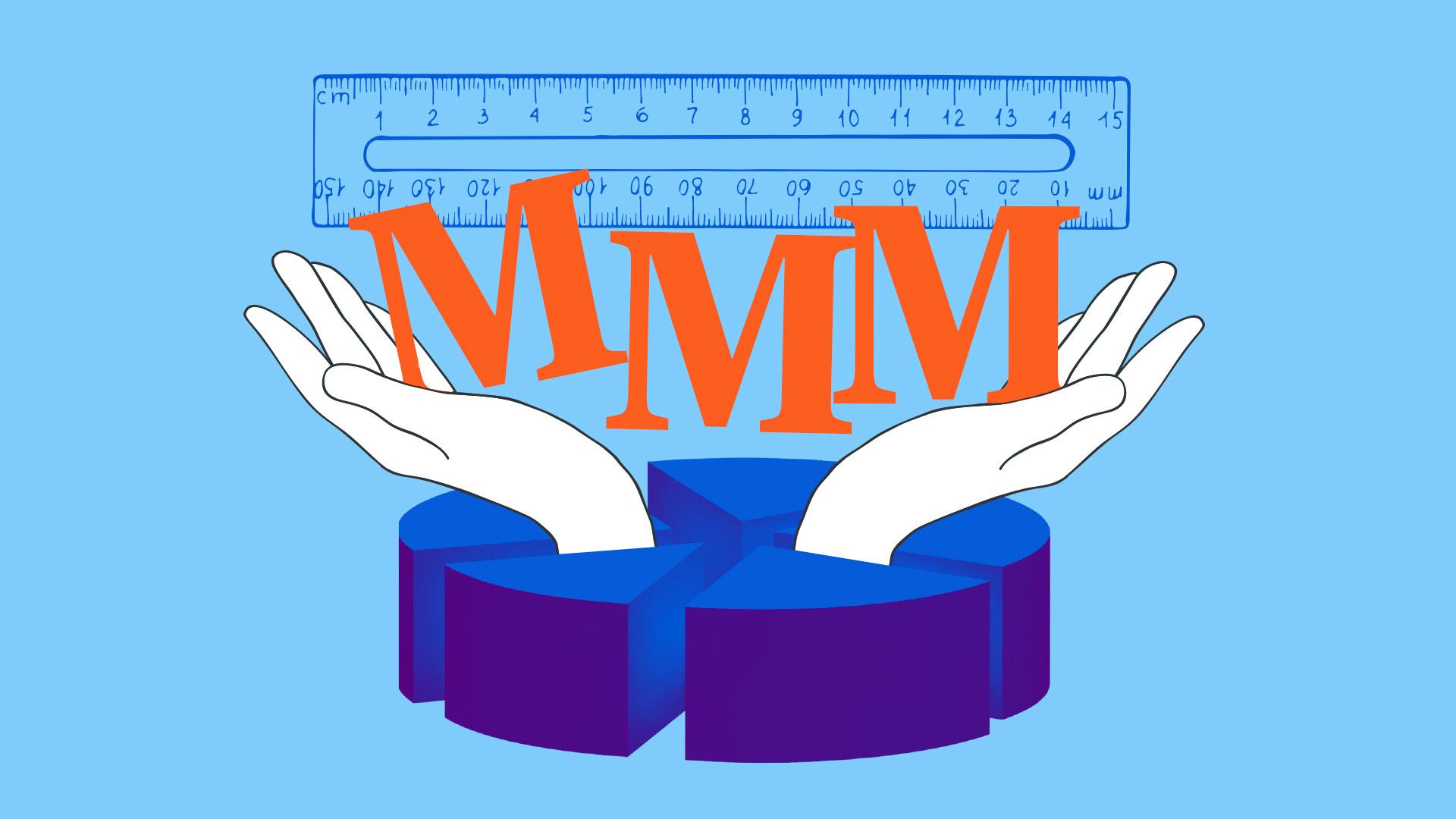 Graphic of hands lifting up the letters "MMM" with a transparent ruler in the background