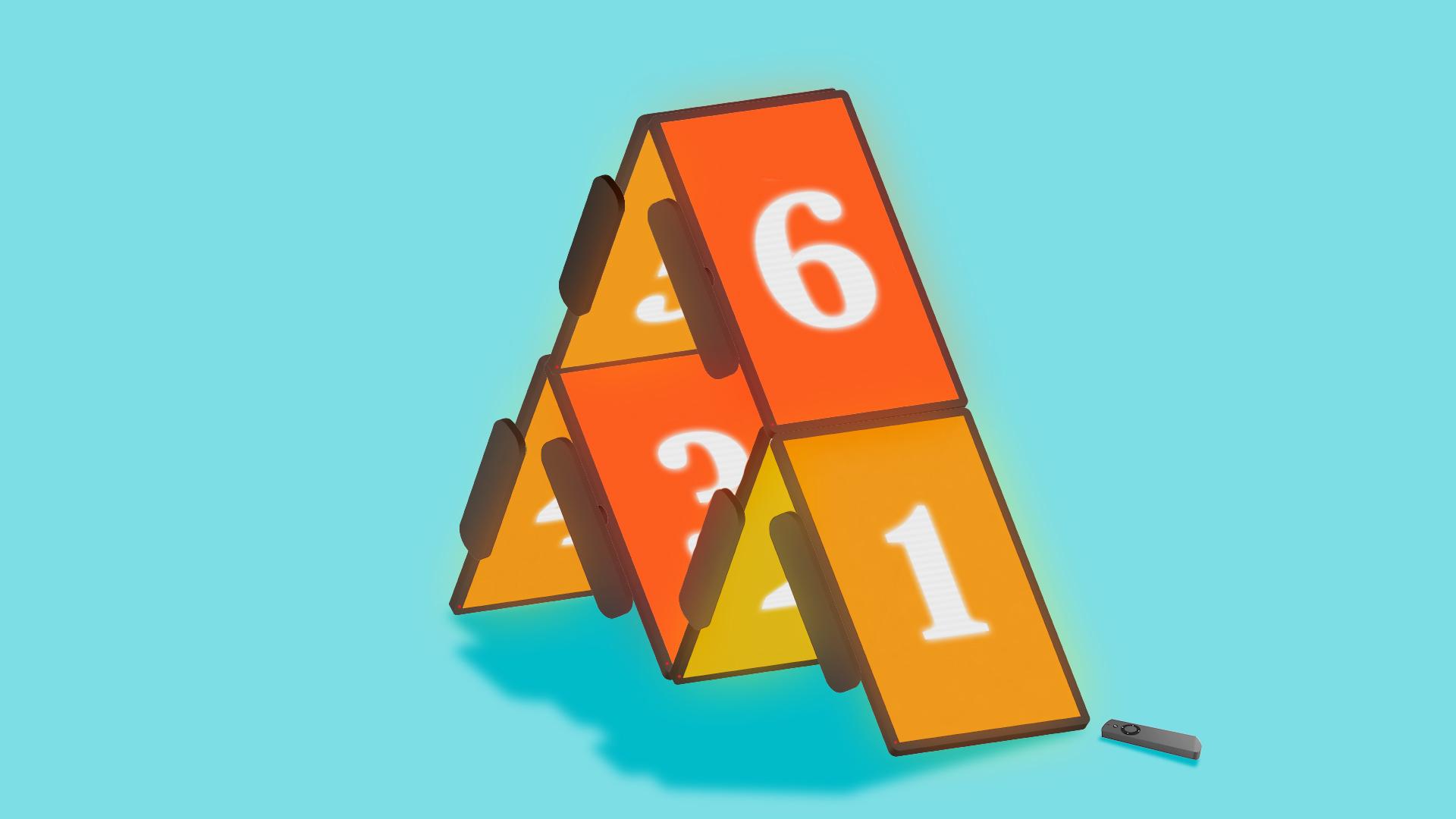 Illustration of orange cards stacked in a pyramid with white numbers on them