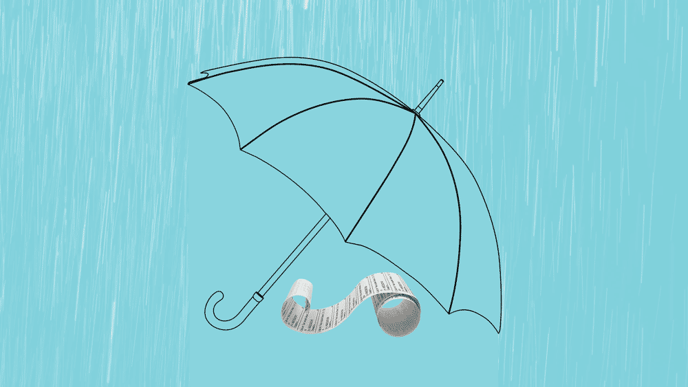 GIF of blue background with a graphic umbrella protecting a scroll of paper from rain