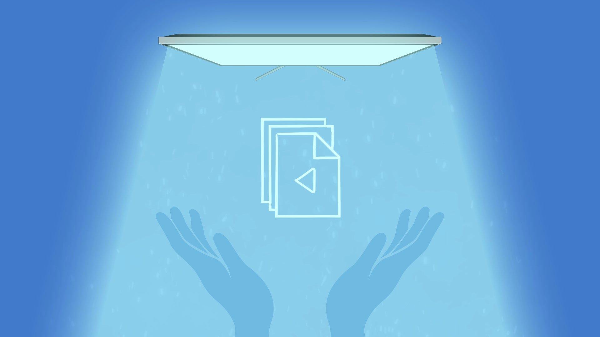 Image of a blue graphic with hands raised up to a spotlight shining on a TV screen