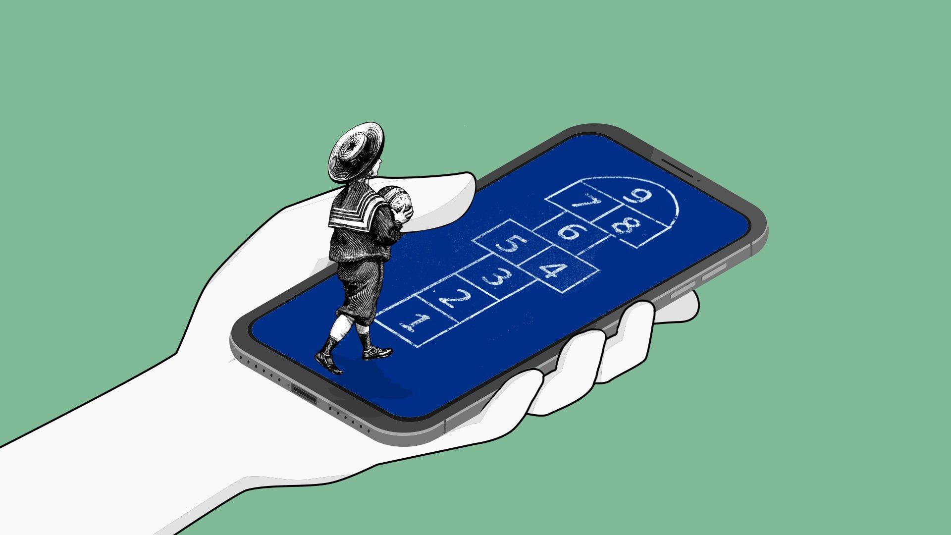 Graphic of a hand holding a mobile phone with a child playing hopscotch across the screen