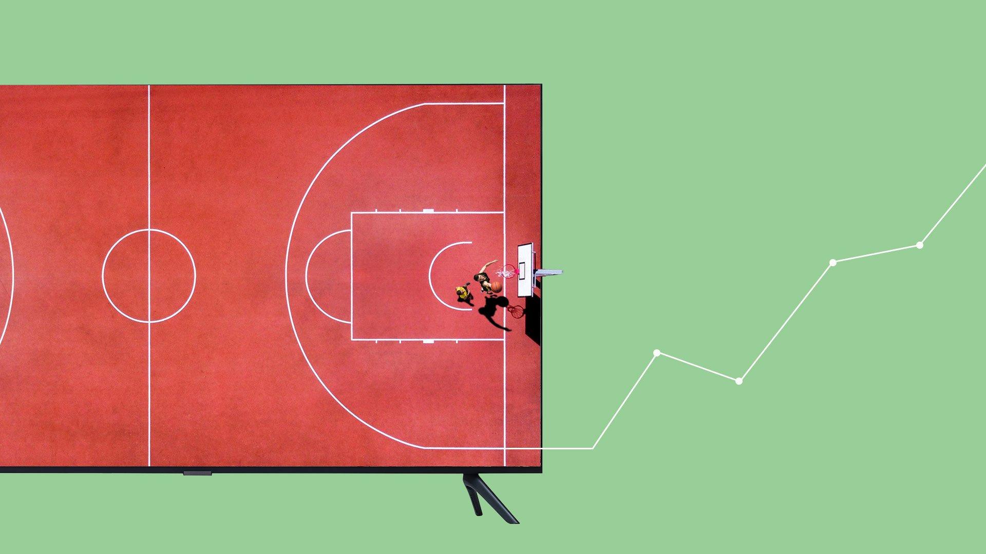 Two basketball players on a court with an illustration of a line graph coming off the court