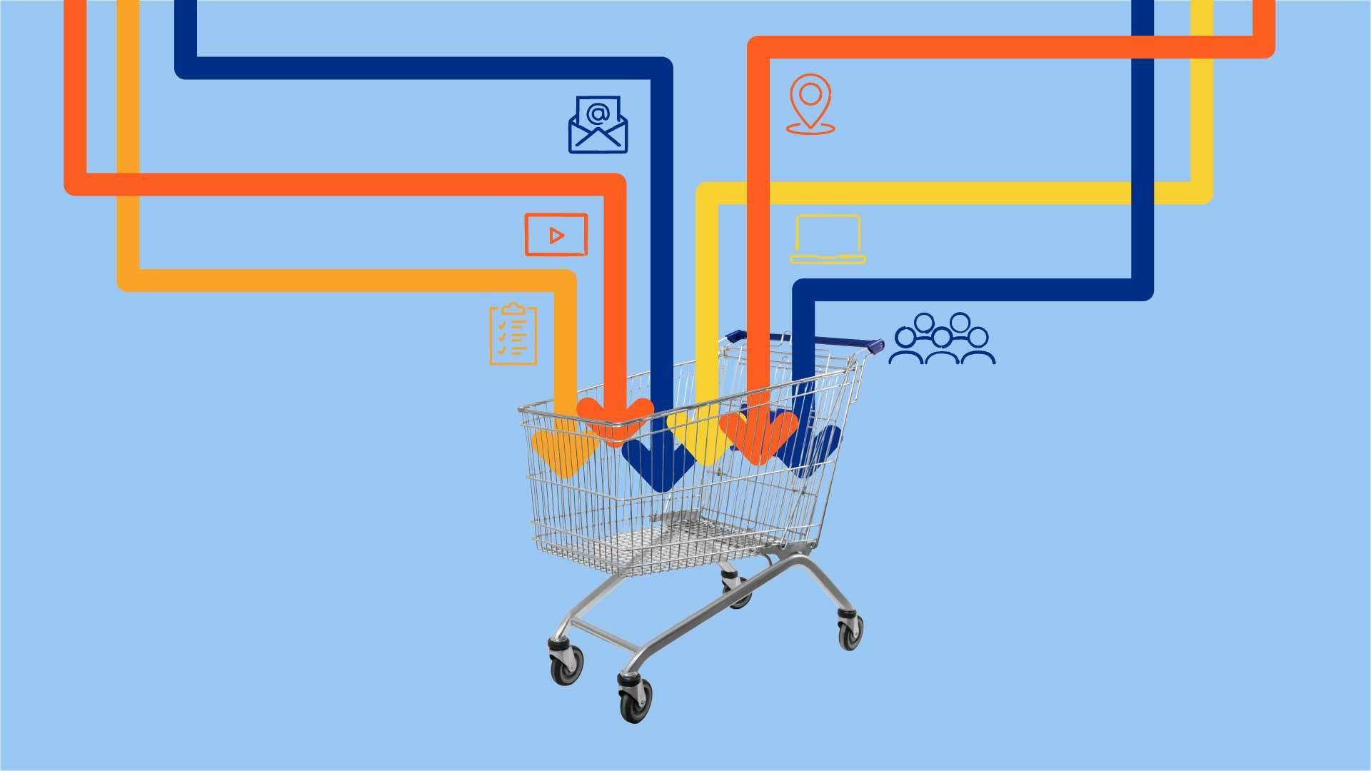 Graphic shows multiple colored arrows that represent varying social icons pointing into a shopping cart