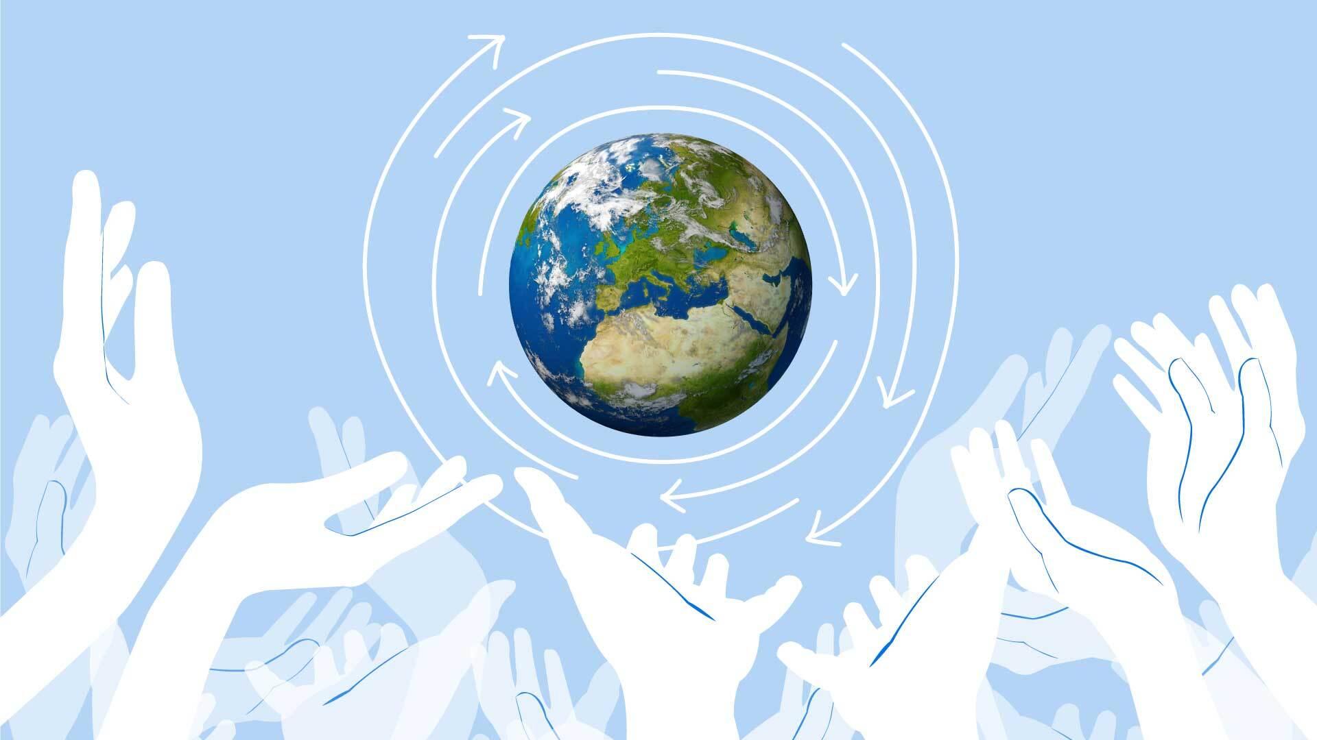 Illustration of hands reaching up to a globe