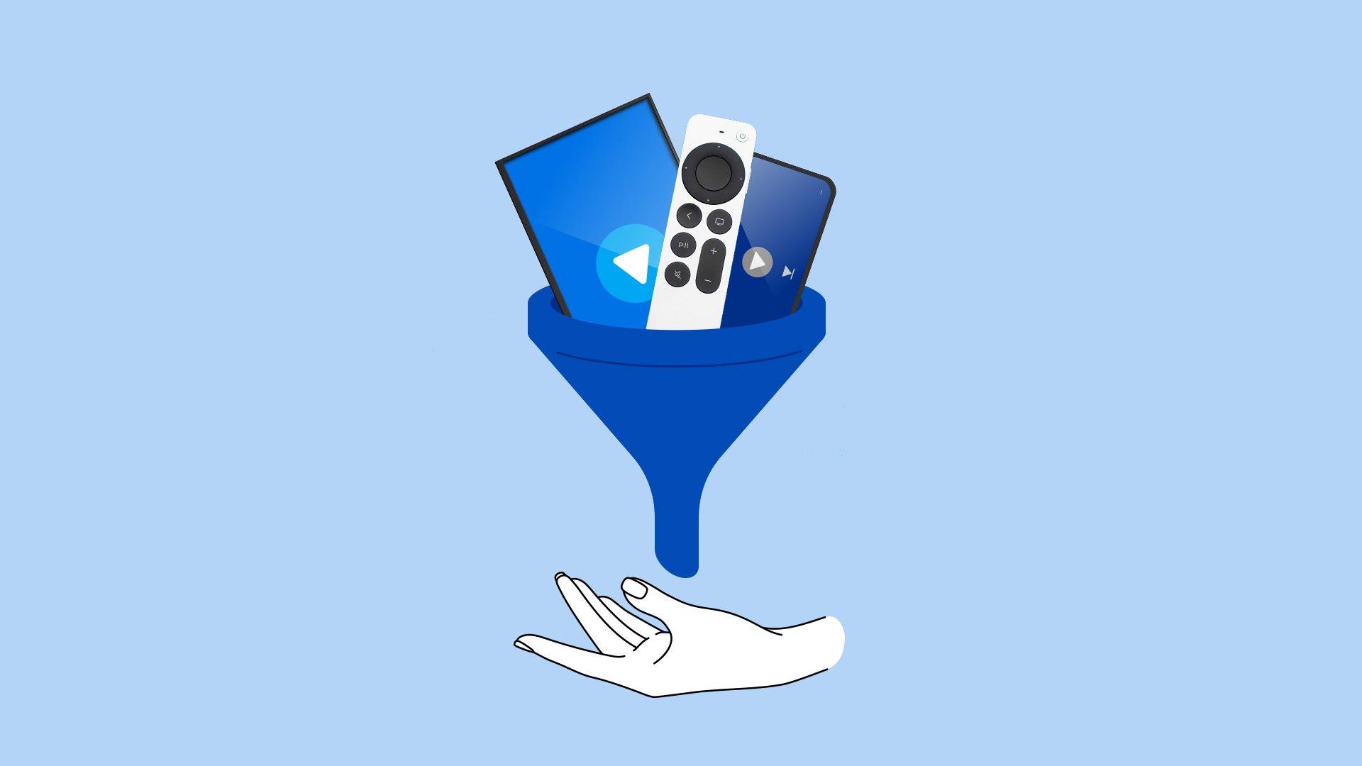 Graphic shows funnel with a tablet, TV remote, and phone, floating over a hand.