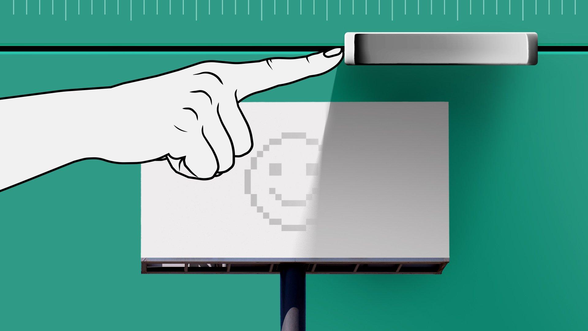 Green background with a graphic of a hand pushing a slider above a billboard with a smiley graphic