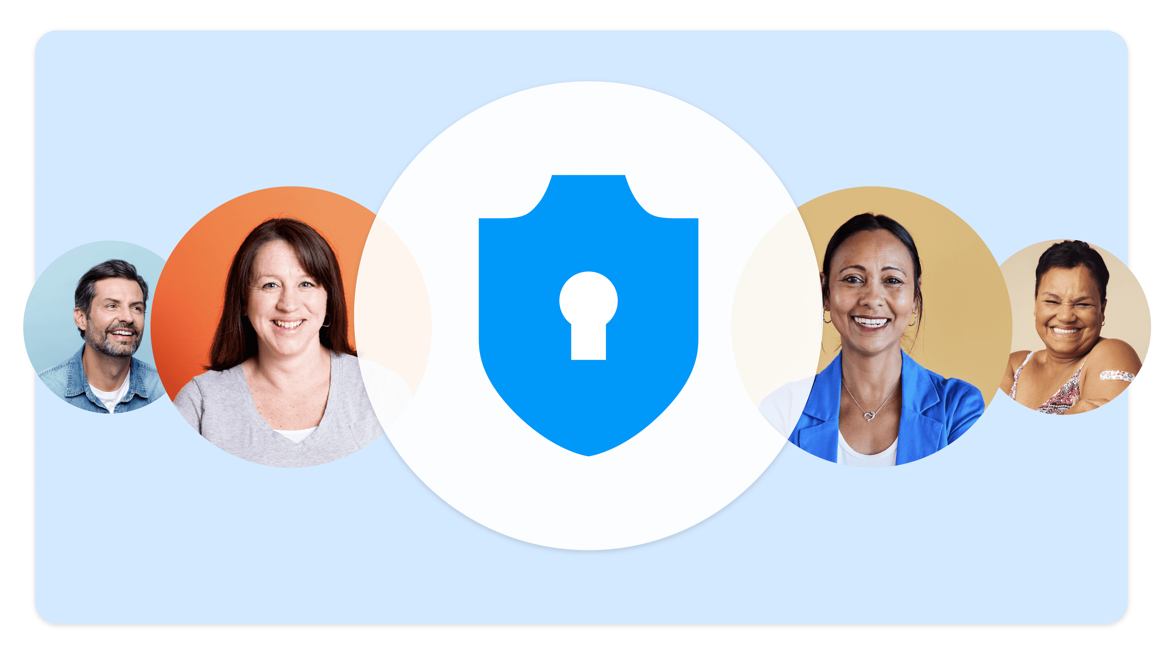 Blue background with four headshots and a graphic of a lock in the middle to represent "privacy conscious"