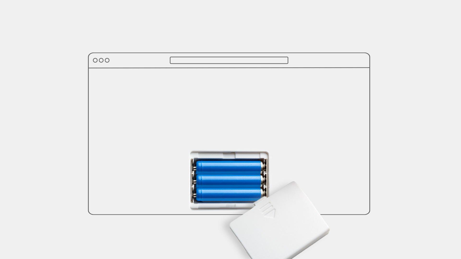 Graphic shows an open battery pack with blue batteries in the center of an internet browser