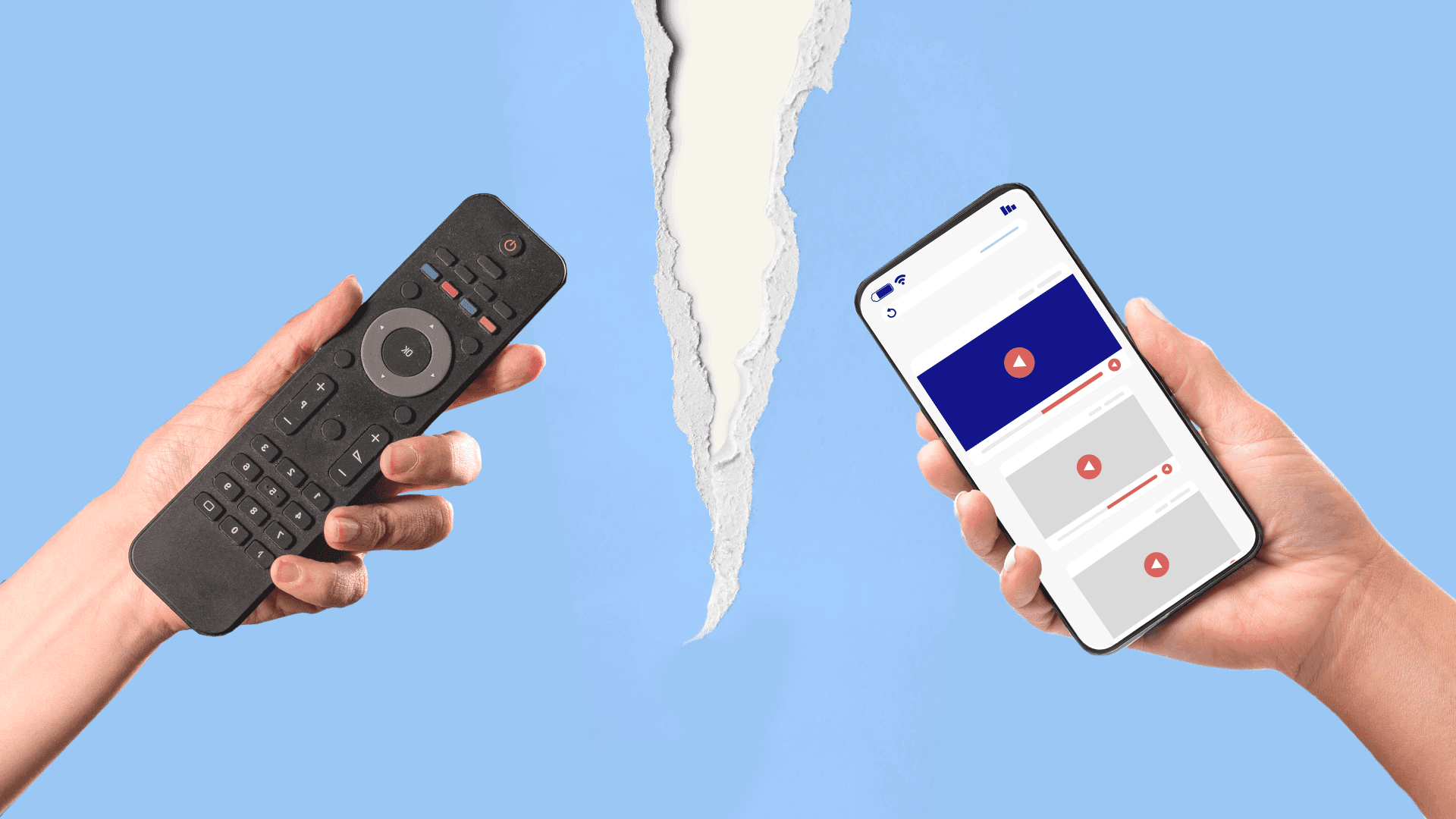 Image of a hand holding a remote and another hand holding a cellphone with a ripped paper graphic between the two