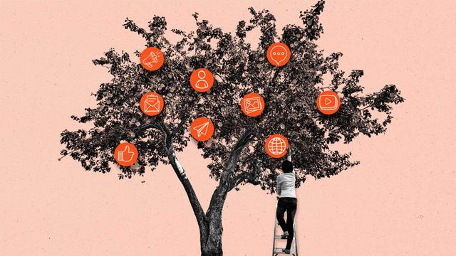 Woman on ladder reaches for a fruit on an ad-tech icon tree.