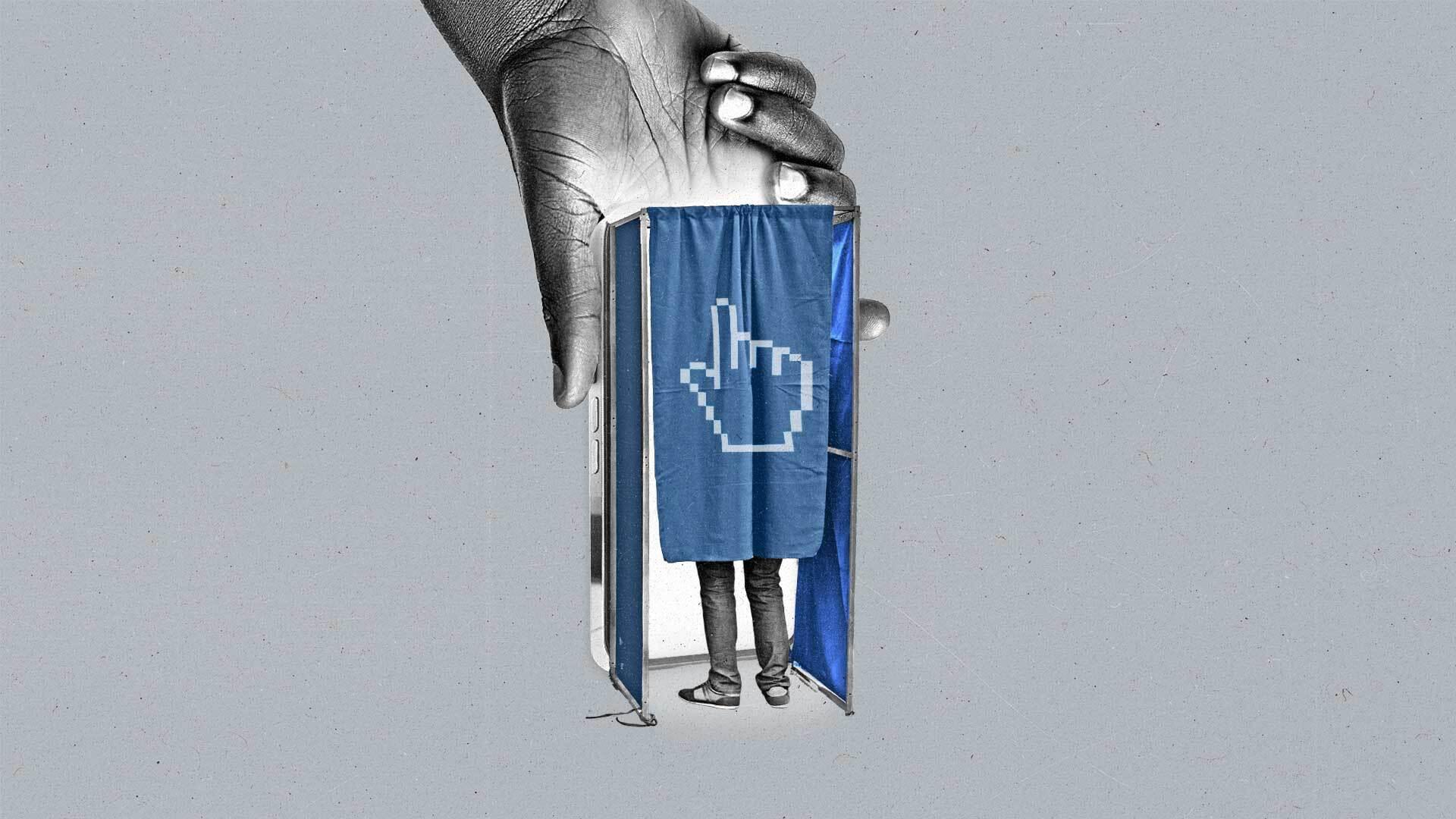 A hand holds a bright smartphone with a voting booth attached while a man votes inside.