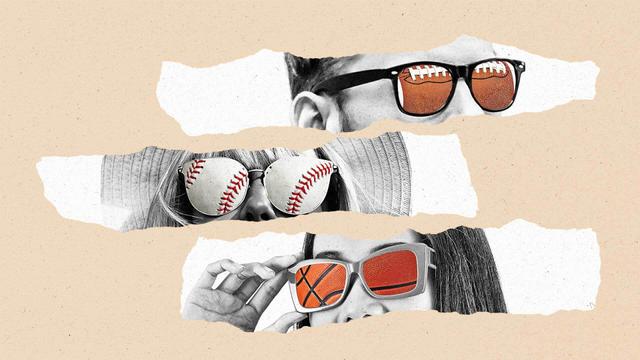 Three people wearing sunglasses have a basketball, baseball, and footballs in the lenses.