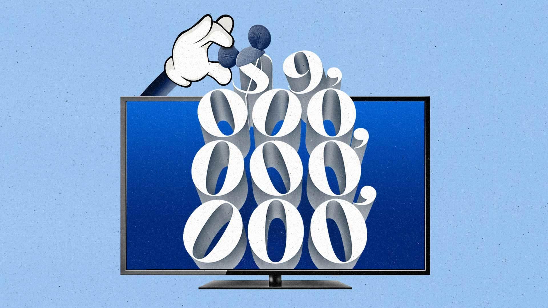 TV with the numbers $9,000,000,000 stacked on the scren and a Mickey Mouse hand placing ears on the number.