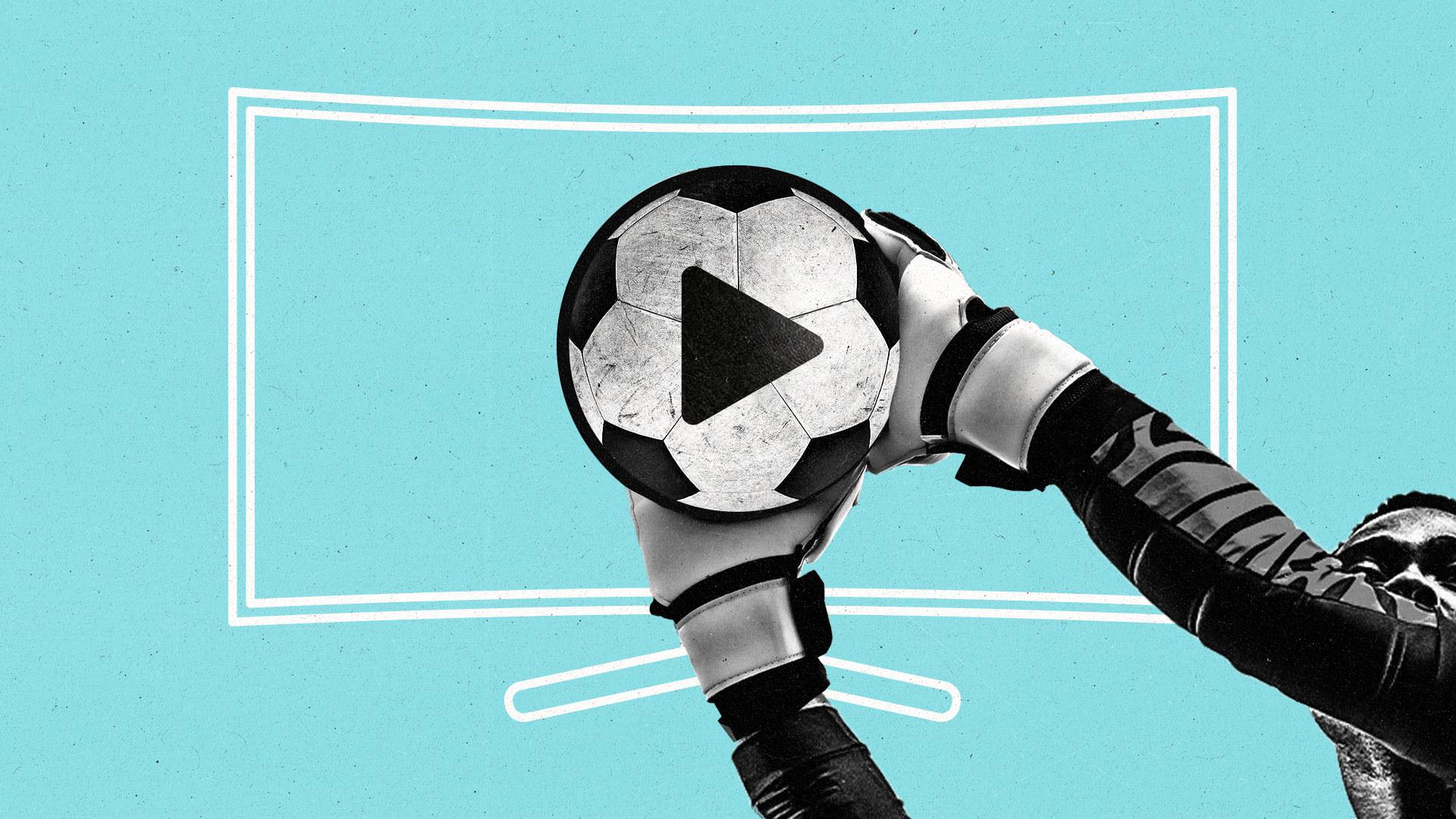 A white outline of a TV shows a soccer ball with a play button on it. A soccer goalies hands catch the ball on the screen.