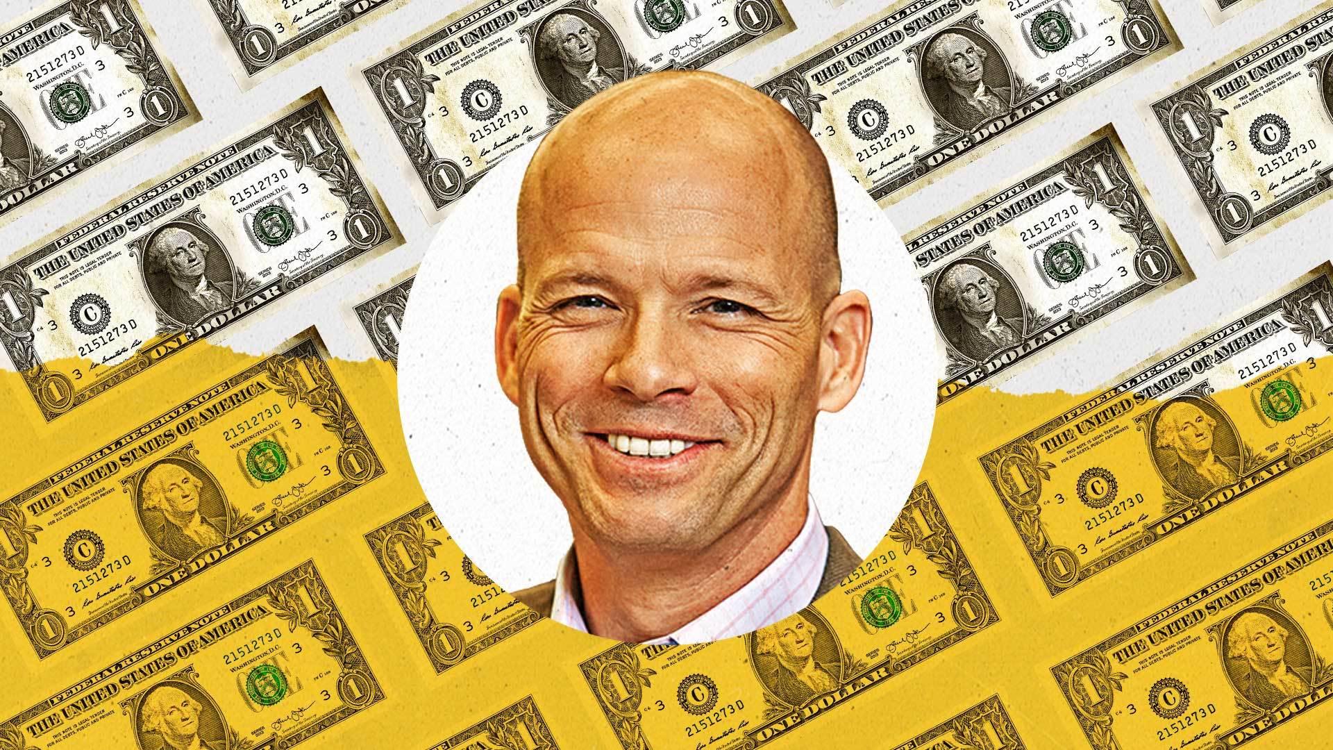 Dollar General CMO Chad Fox's headshot with dollar bills surrounding him on a half yellow background.