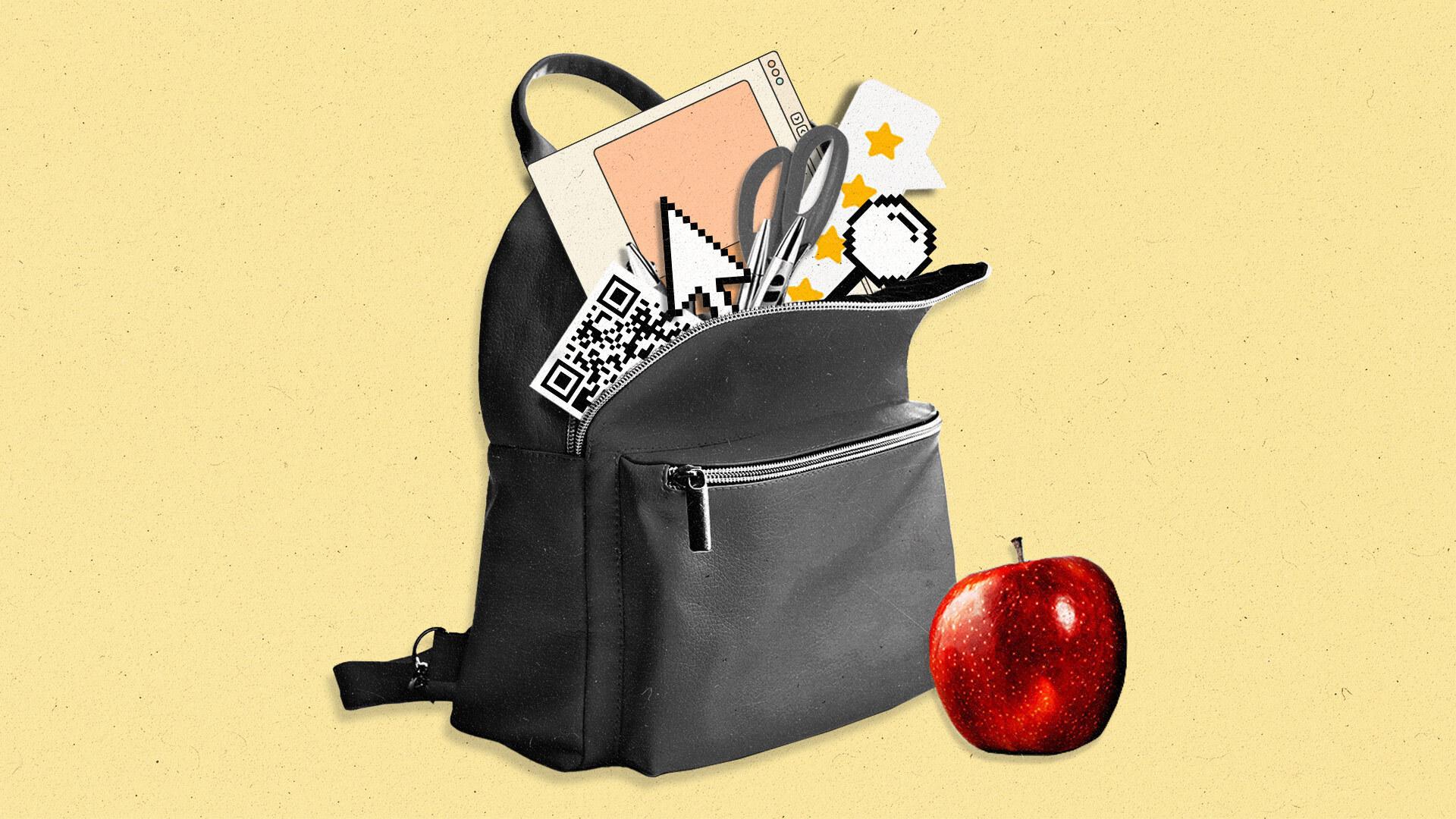 Backpack filled with a QR code, computer cursor, magnifying glass, and scissors with a red apple next to the bag.