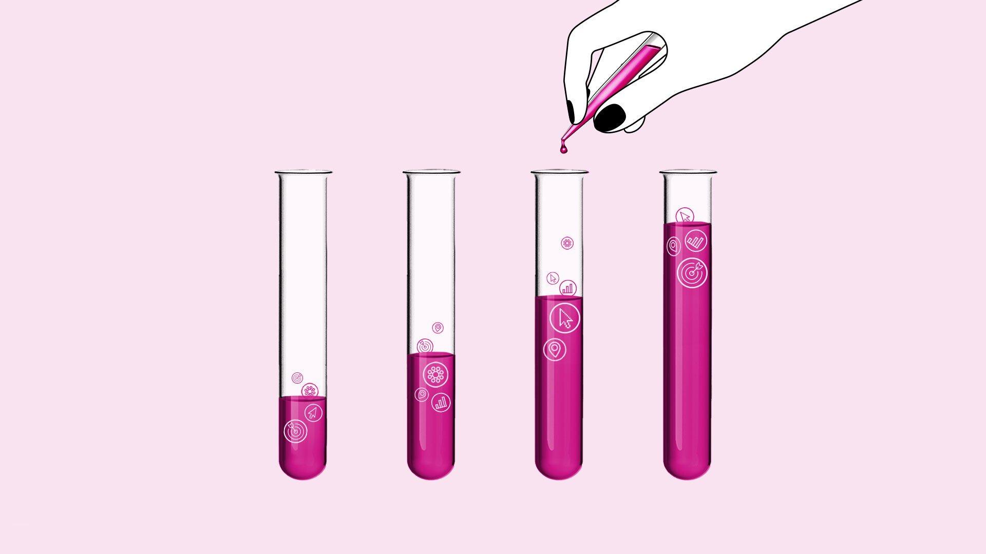 Graphic shows a hand filling four already partially filled test tubes with a pink liquid.