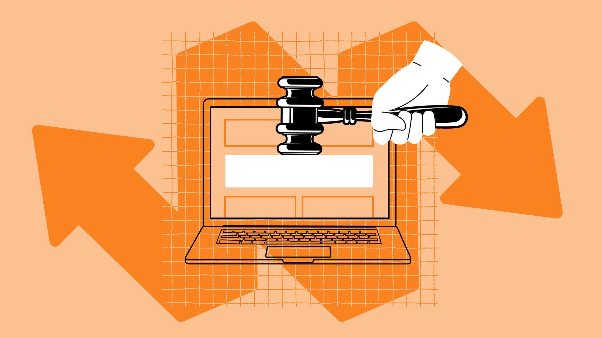 Orange graphic with a hand over a laptop holding a gavel. Behind the laptop is a bar graph and a double-ended arrow.